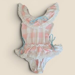 Wildling Girls Pink Gingham Ruffle Eyelet One Piece Swimsuit Size 3 Blue Bow